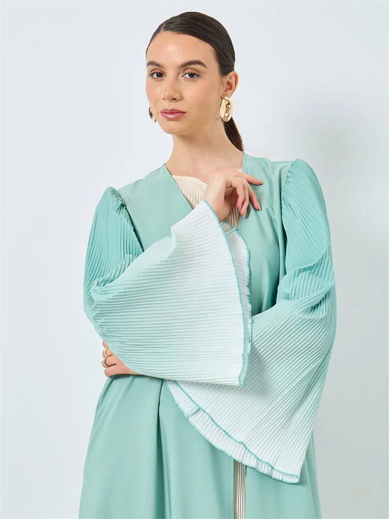 Pleated Flare Sleeve Abaya - Open Front