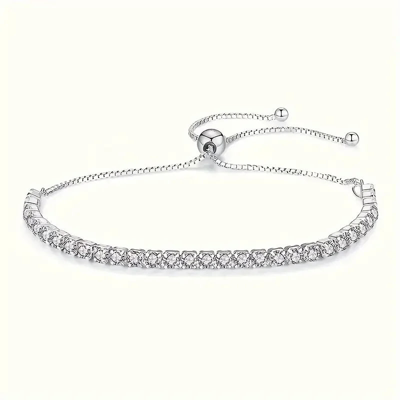 Elegant Unisex Tennis Bracelet, 925 Silver with 18K White Gold Plating, Fashionable Moissanite Studded, Adjustable Chain
