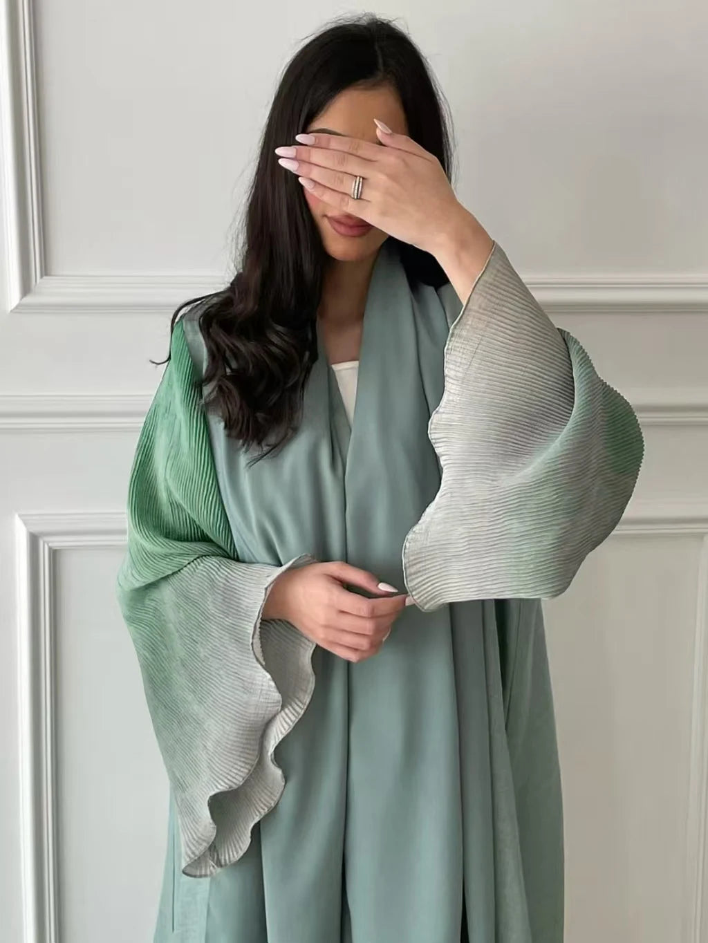 Flare Sleeve Pleated Abaya in Elegant Colors - Open Front Jilbab