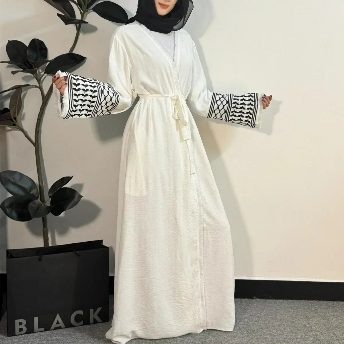 Palestinian Keffiyeh Embroidered Abaya - Long Sleeve Open Front