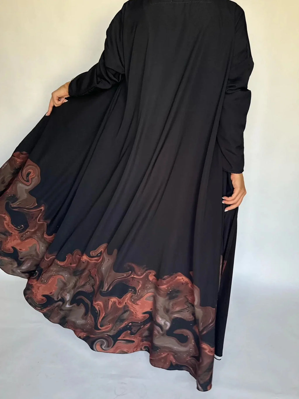 Black Abaya with Beautiful Small Print - Full Sleeve Open Front Jilbab