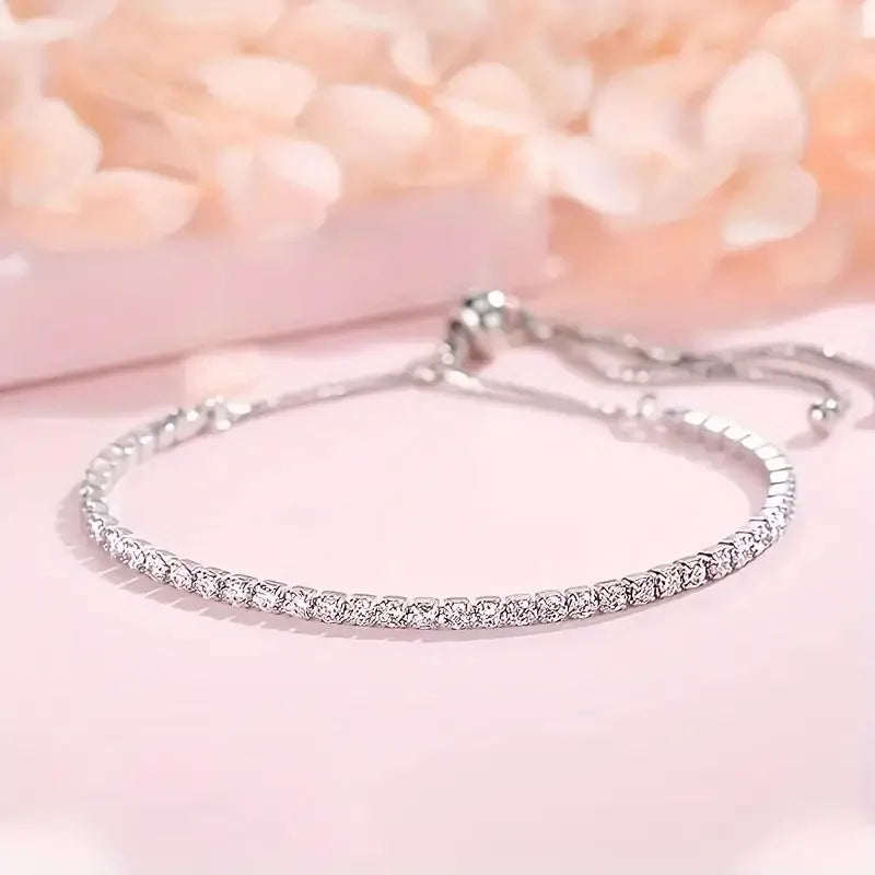 Elegant Unisex Tennis Bracelet, 925 Silver with 18K White Gold Plating, Fashionable Moissanite Studded, Adjustable Chain