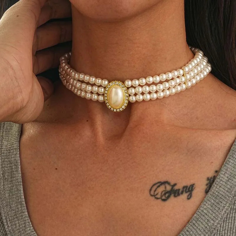 Vintage Multi-layer Imitation Pearl Short Choker Necklace For Women Elegant Handmade Beads Clavicle Chain Wedding Jewelry