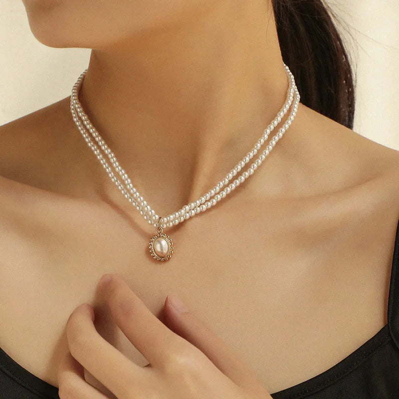 Vintage Multi-layer Imitation Pearl Short Choker Necklace For Women Elegant Handmade Beads Clavicle Chain Wedding Jewelry