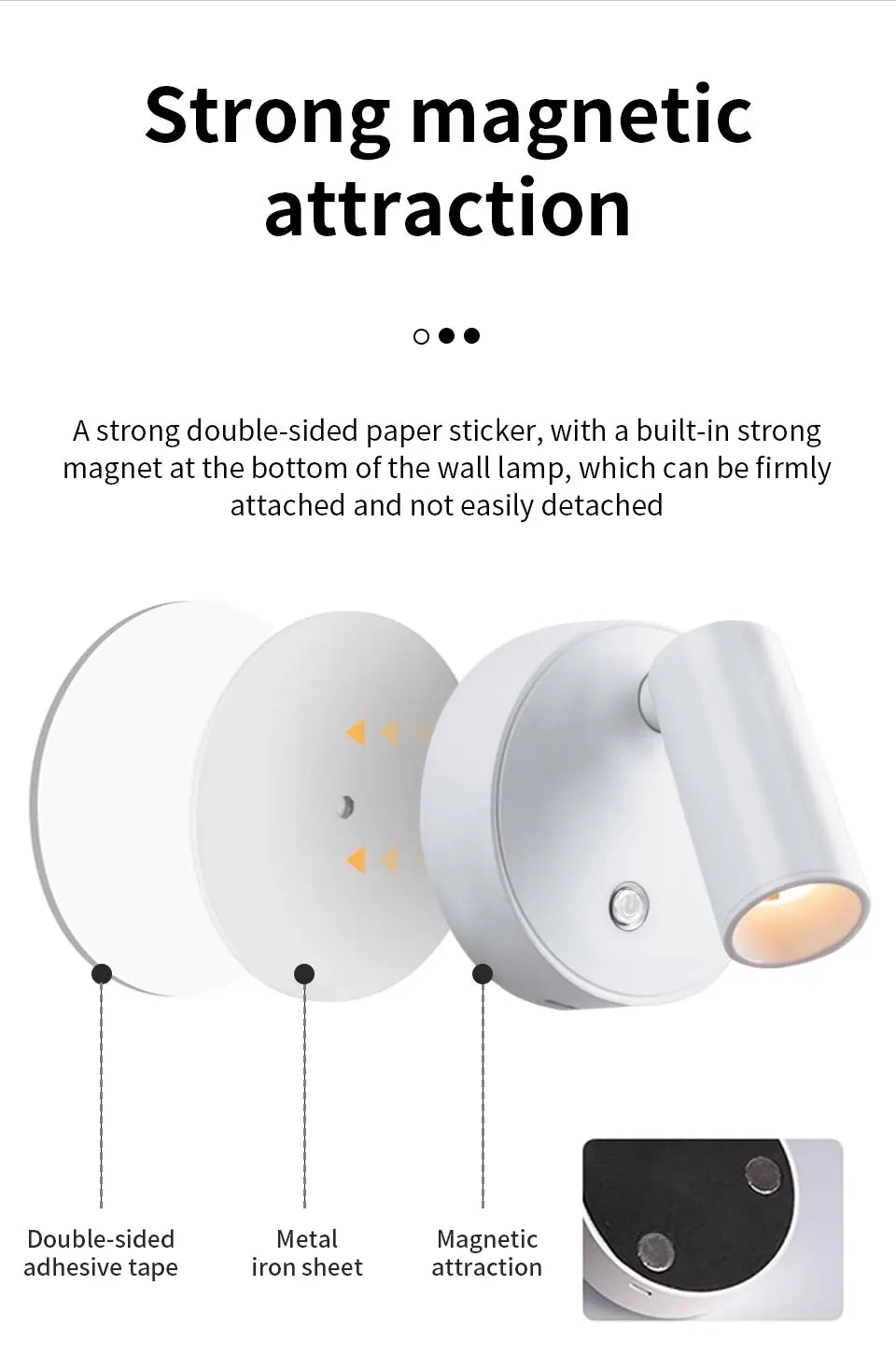 Magnetic Base USB Rechargeable LED Cordless Wall Light Touch Switch Black White Gold Silvery Dimmable Bedside Lamp For Reading