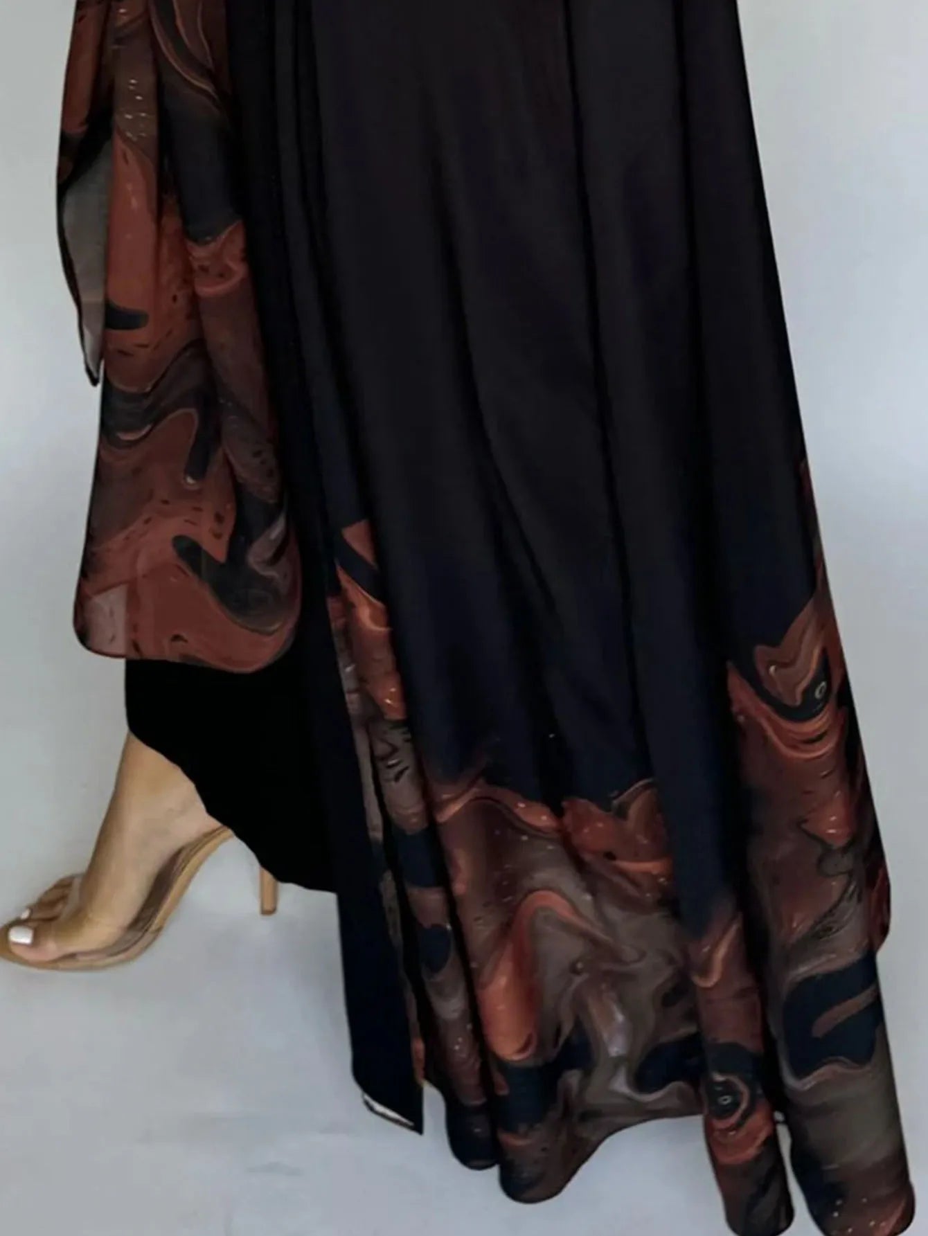 Black Abaya with Beautiful Small Print - Full Sleeve Open Front Jilbab