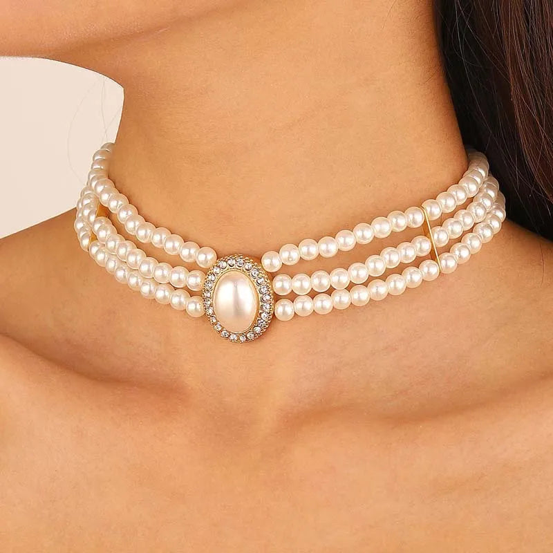 Vintage Multi-layer Imitation Pearl Short Choker Necklace For Women Elegant Handmade Beads Clavicle Chain Wedding Jewelry