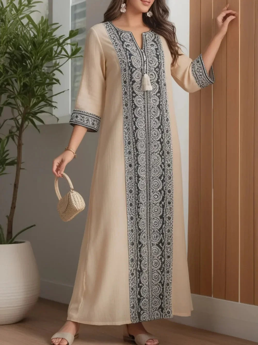 Printed Kaftan Dress - Mid Sleeves