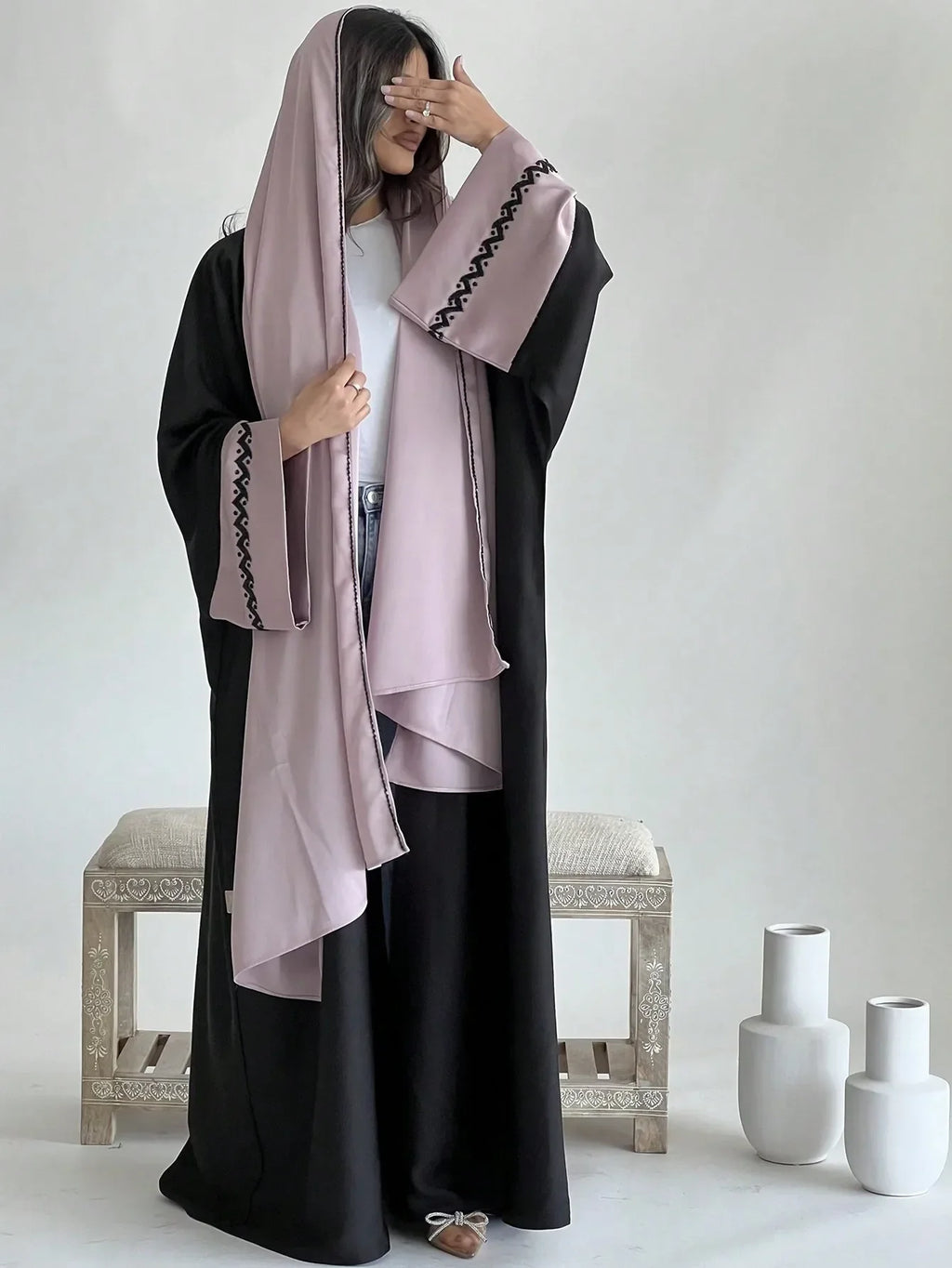 Embroidered Kaftan Abaya with Hijab - Full Sleeves