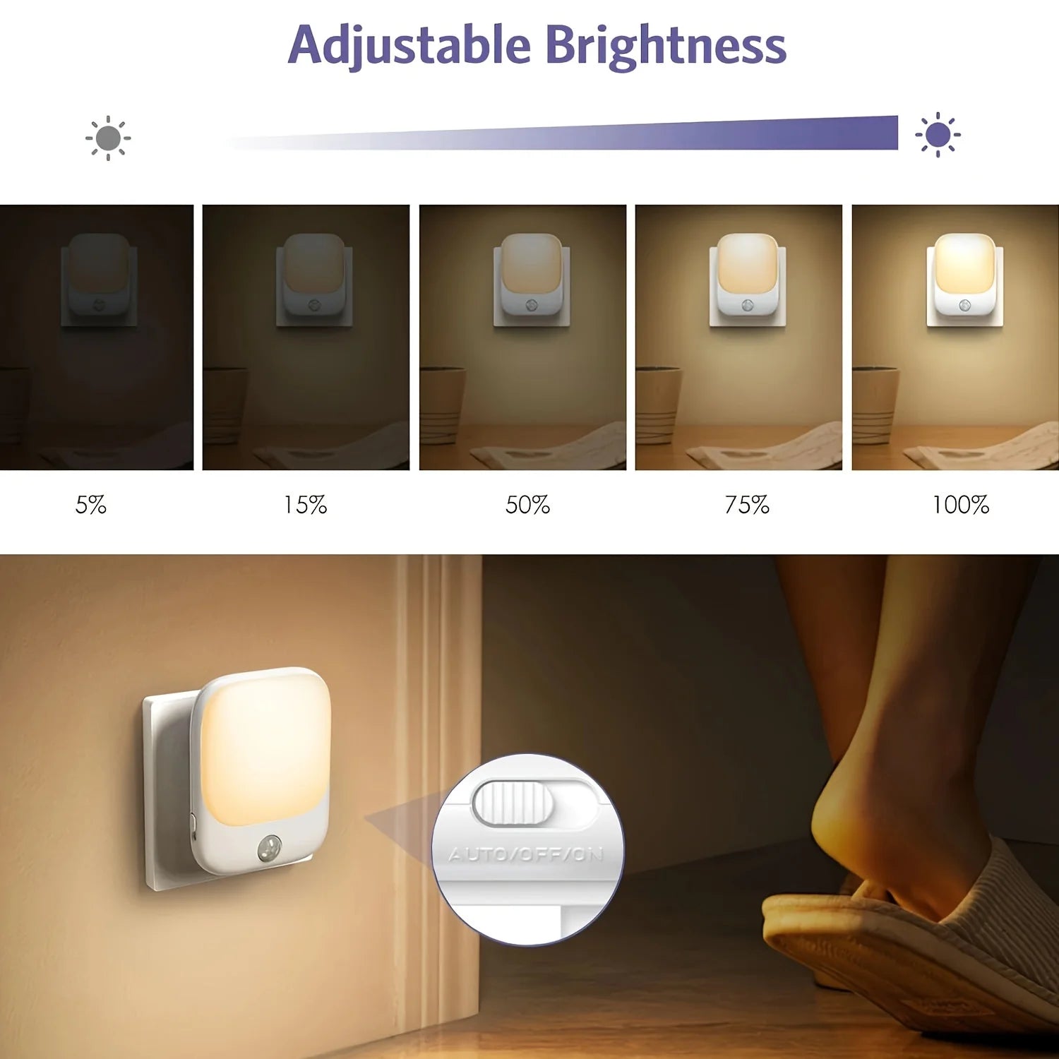 1/2Pc EU Plug Night Light with Motion Sensor, LED Night Light Socket with 3 Modes and 5 Brightness Dimmable for Bedroom