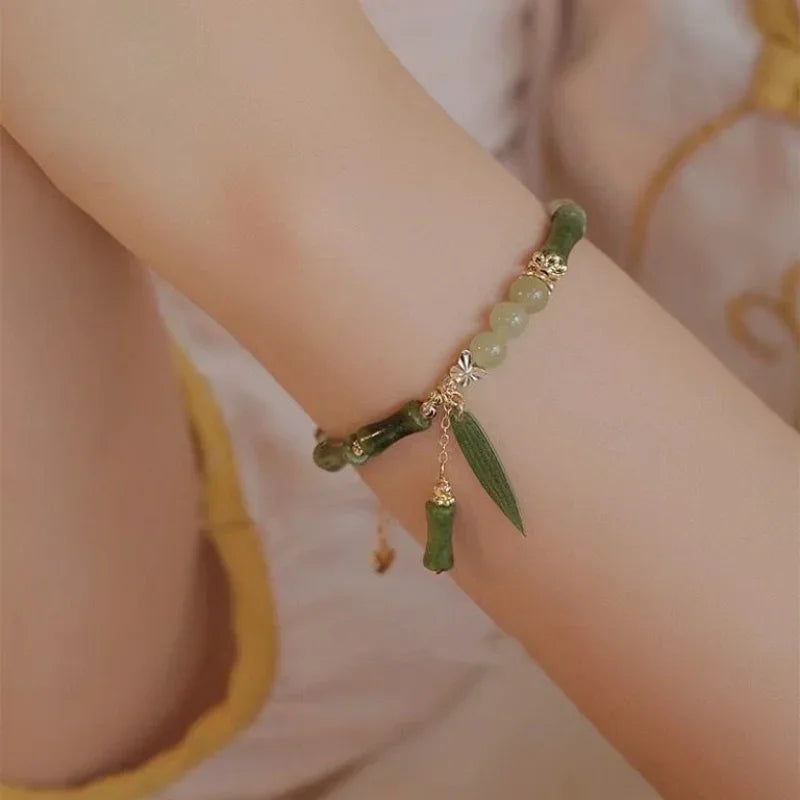 Style Retro Green Bamboo Joint Beaded Bracelet For Women's Fashion Simple Charm Alloy Leaf Bracelet Jewelry Gift