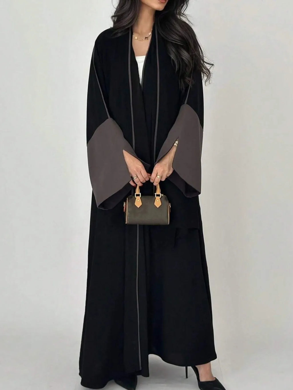Black Abaya with Soft Color Accents - Open Front Long Sleeve