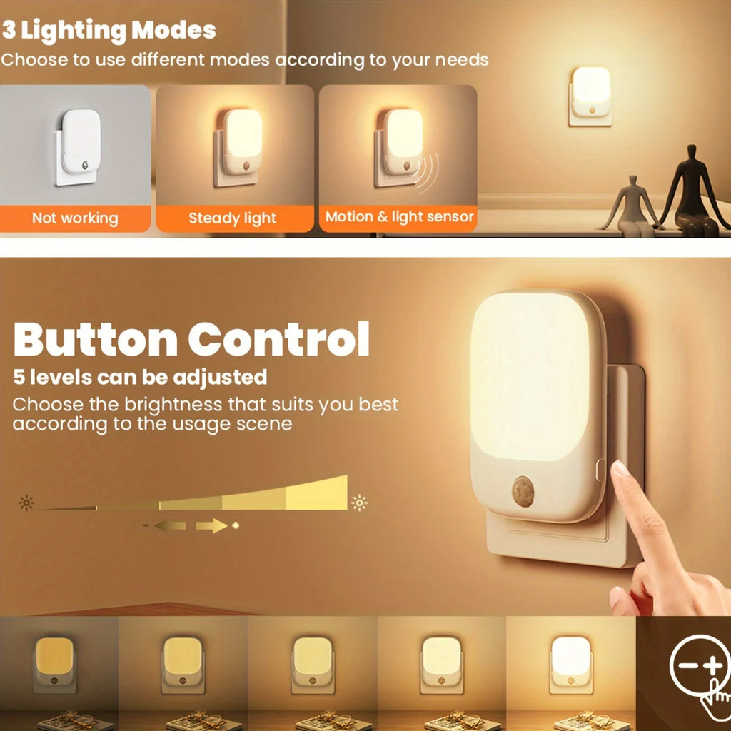 1/2Pc EU Plug Night Light with Motion Sensor, LED Night Light Socket with 3 Modes and 5 Brightness Dimmable for Bedroom
