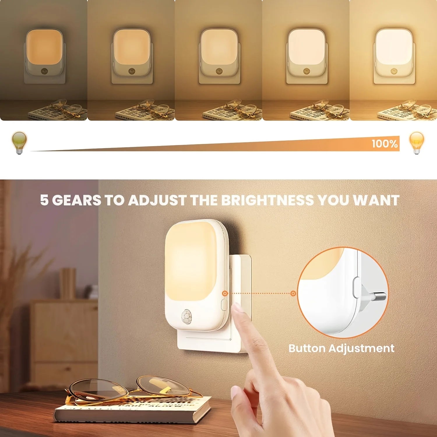 1/2Pc EU Plug Night Light with Motion Sensor, LED Night Light Socket with 3 Modes and 5 Brightness Dimmable for Bedroom