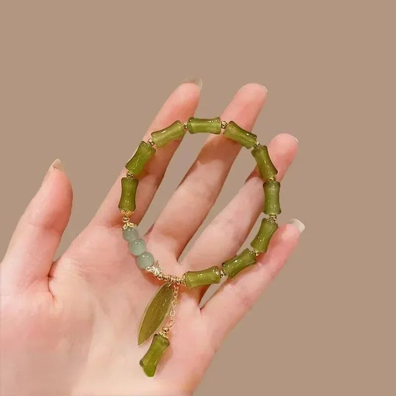 Style Retro Green Bamboo Joint Beaded Bracelet For Women's Fashion Simple Charm Alloy Leaf Bracelet Jewelry Gift