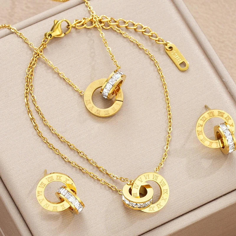 4Pcs/Set Gold Color Stainless Steel Crystal Necklace Bracelet Earrings for Women Interlocking Circles Roman Numbers Jewelry Sets