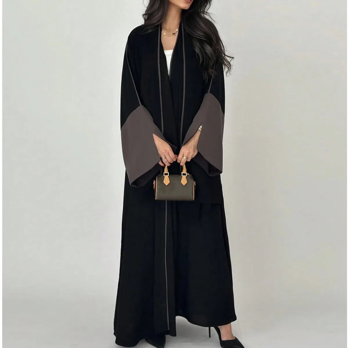 Black Abaya with Soft Color Accents - Open Front Long Sleeve