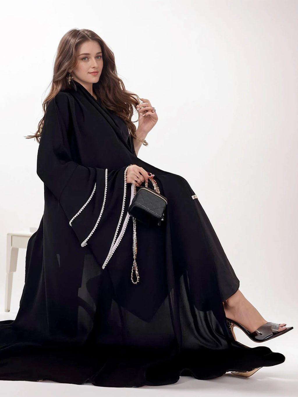 Pearl flared long sleeves full placket Muslim kaftan abaya