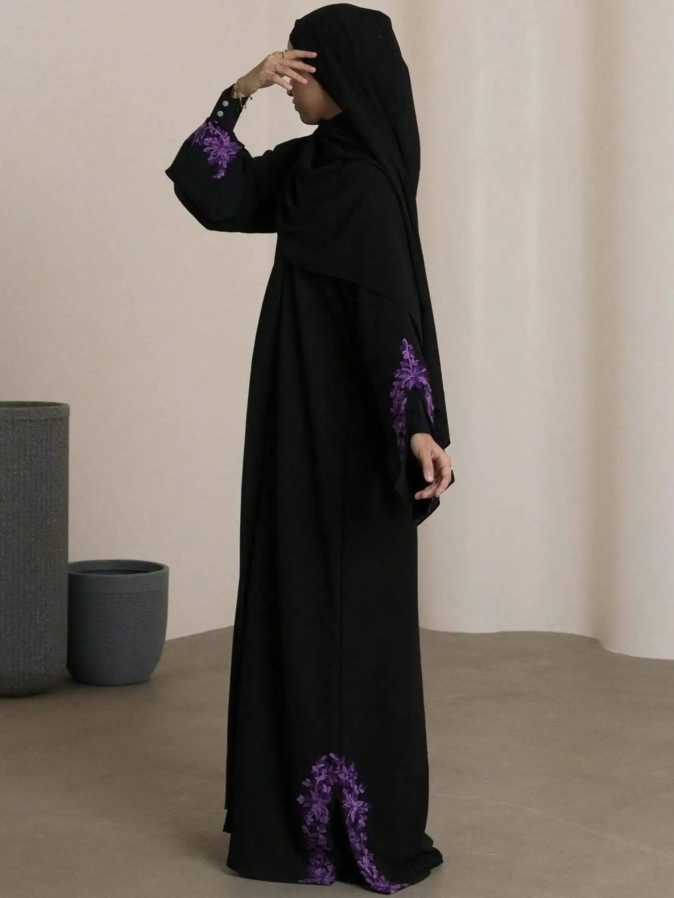 Purple Embroidered Loose Abaya - Long Sleeve Kaftan