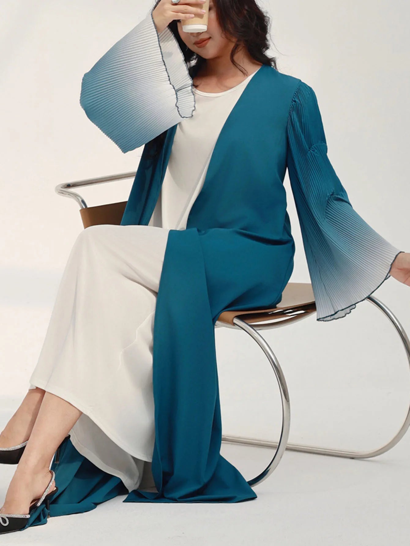 Elegant Sea Wave Flare Sleeve Abaya - Open Front