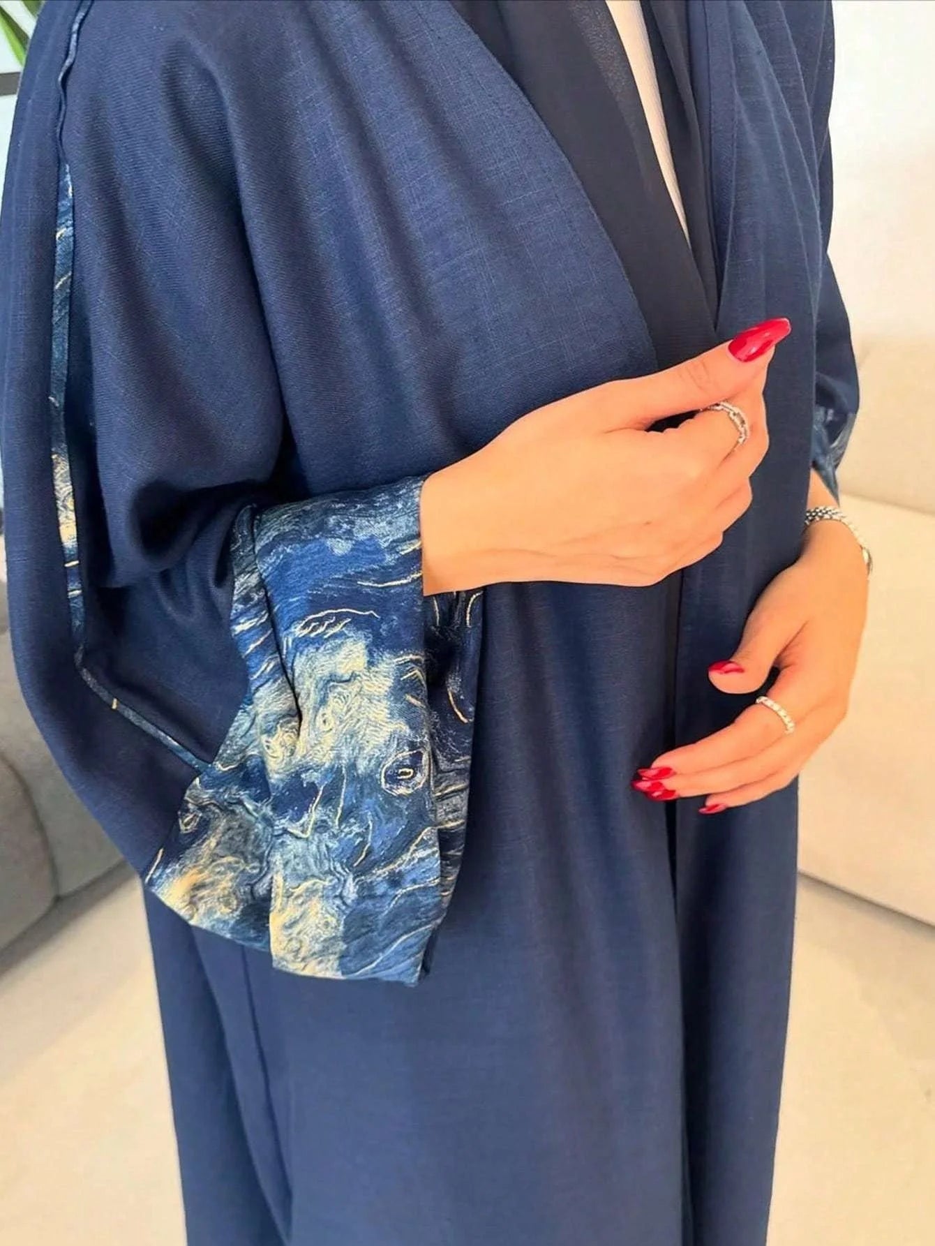 Elegant Navy Blue Abaya with Beautiful Sleeves - Open Front